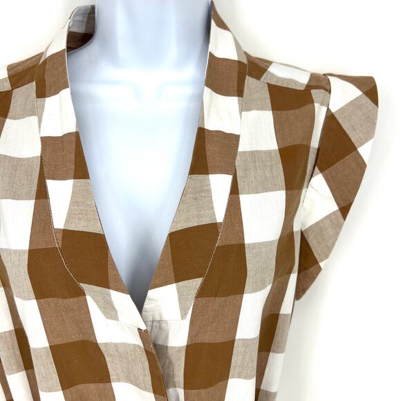 Anthropologie Whit Two 100% Cotton Buffalo Plaid Brown Romper Belted Size S - Picture 3 of 12